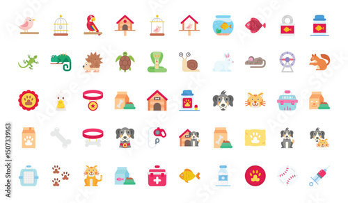 Pixelated icons of various pets and petrelated items displayed on a white background