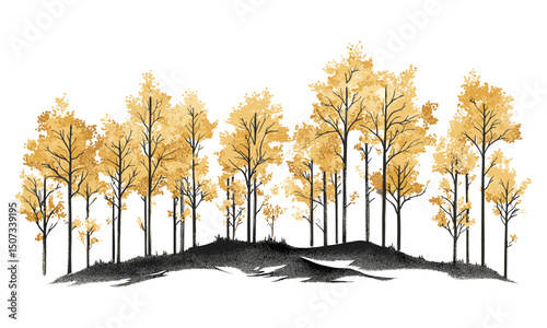 Autumn Park Scene, Golden Leaves, Aspen Tree Silhouettes, Mountain Foliage Clipart, Seasonal Engraved Vector, Fall Trees Landscape, Outdoor Nature Vector Illustration.