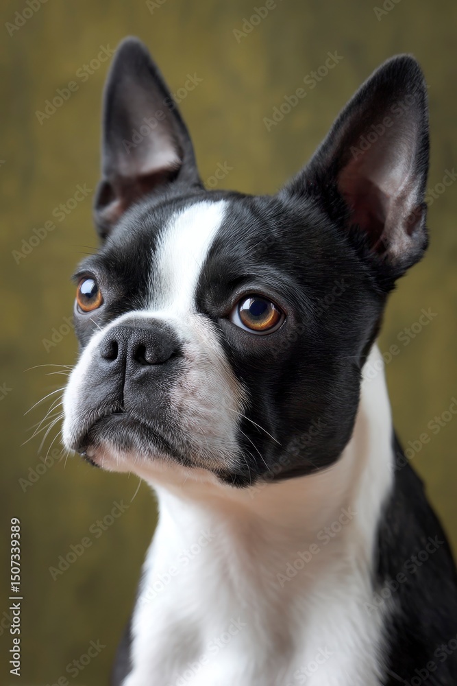 A closeup portrait of a black and white Boston Terrier with pointed ears and brown eyes set against a muted backdrop A closeup portrait of a black and white Boston Terrier with pointed ears and brown eyes set against a muted backdrop