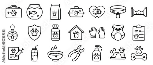 Set of 20 petrelated outline icons pet carrier pet house food fishbowl toy first aid gloves clip board water bottle
