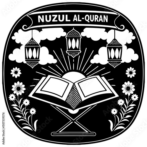 A digital graphic featuring an open Quran on a stand, emanating light from its pages. The background is a gradient of green, with decorative floral elements and hanging lanterns.