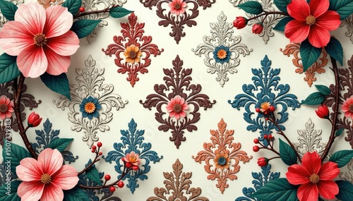 Intricate damask pattern, lush blossoms and vines , vine, vine pattern