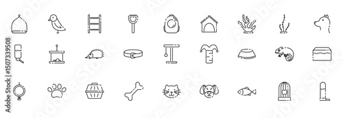 Set of petrelated line icons animals accessories and habitats