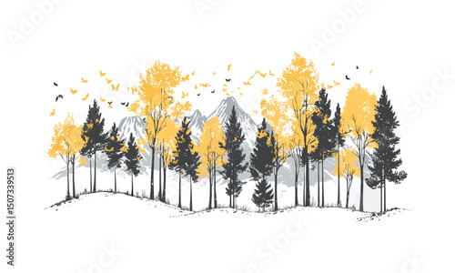 Golden Leaves, Aspen Tree Silhouettes, Autumn Forest Scene, Mountain Foliage Clipart, Engraved Seasonal Vector, Fall Landscape, Tree Branch Silhouettes, Vector Illustration.