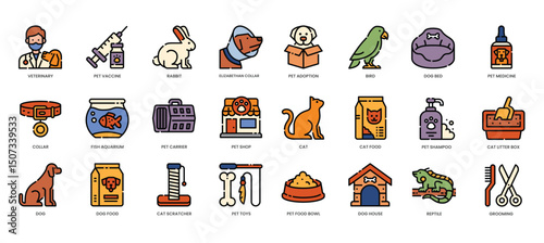 Pet care icons vet food toys supplies animals Variety of items for diverse animal needs