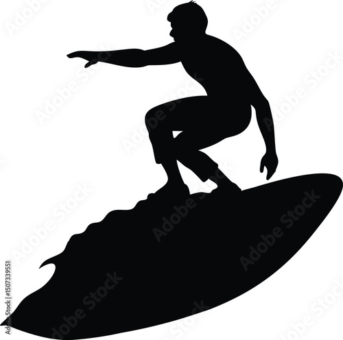 Surfer Silhouette Riding the Waves, Simple Vector Design for Water Sport Enthusiasts.                                                                 
