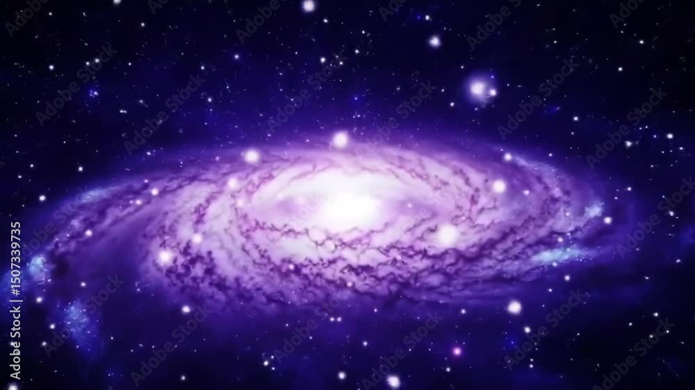 A vibrant purple galaxy with bright center and surrounding stars in a dark cosmic background view