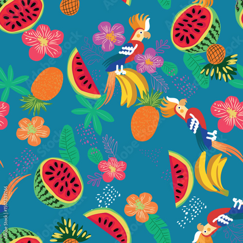 colorful print with tropical leaves and fruits AND BIRDS
