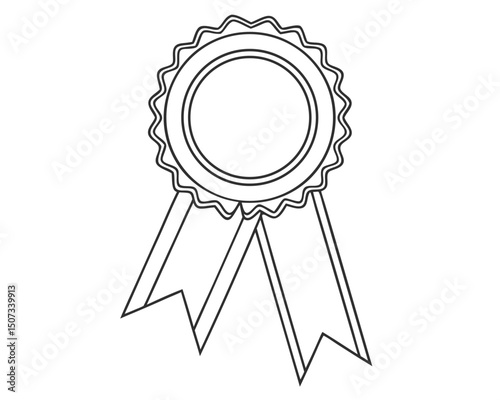 Outline drawing of a rosette award with ribbons for coloring projects or logos.