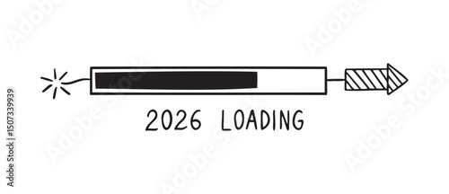 2026 rocket loading bar doodle hand drawn new year coming soon icon. download bar firecracker with pointed tip.