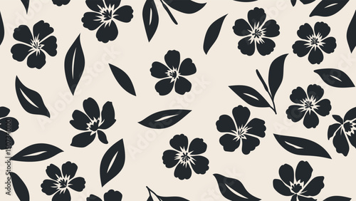 Silhouette of hibiscus flower hand drawn pattern seamless. Wallpaper tropic flowers and Leaves