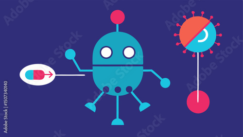 Medication Delivery Depicting a nanobot carrying a small capsule of medication and approaching a targeted area of tissue with arrows indicating its destination.