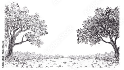 Autumn orchard scene, golden meadow, walnut tree silhouettes, rustic landscape clipart, engraved fruit forest, vector illustration, fall foliage design, nature background.