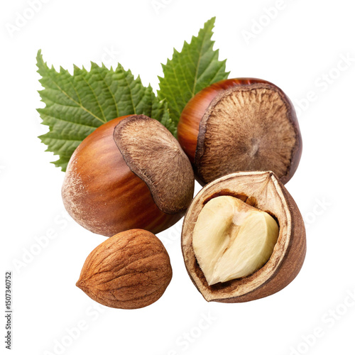 Closeup of natural brown hazelnuts, isolated on a white background, perfect healthy snack food