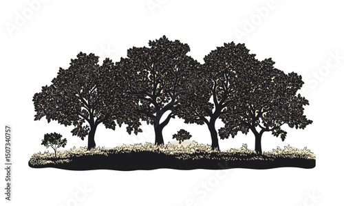 Rustic landscape clipart, autumn orchard with walnut tree silhouettes, golden meadow, engraved fruit forest, vector illustration, fall colors, natural environment, rural scenery.