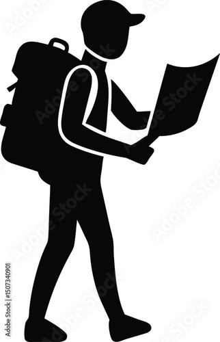 Monochrome Icon of a Hiker Reading a Map and Wearing a Backpack for Navigation and Exploration                                                        