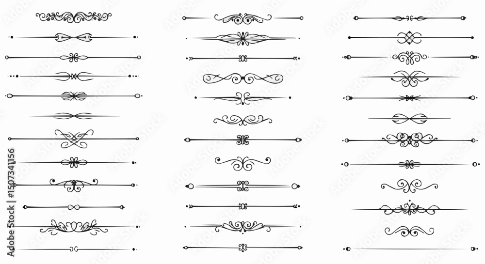 Set of vintage calligraphic design elements, page decoration, border, frame, vector, and divider illustration