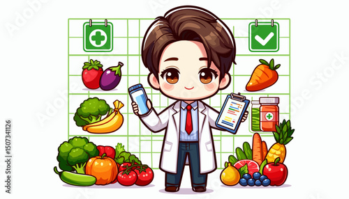 Chibi nutritionist with fruits, veggies and food chart, colored vector illustration