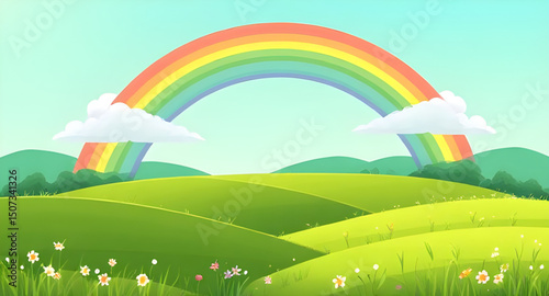 rainbow grassland cartoon, rainbow countryside cartoon, rainbow spring background, rainbow summer landscape, rainbow fairytale cartoon, rainbow outdoor scene, rainbow cartoon wallpaper, rainbow sky me