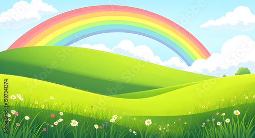 rainbow nature cartoon, rainbow and sunshine background, rainbow grassland cartoon, rainbow countryside cartoon, rainbow spring background, rainbow summer landscape, rainbow fairytale cartoon, rainbow