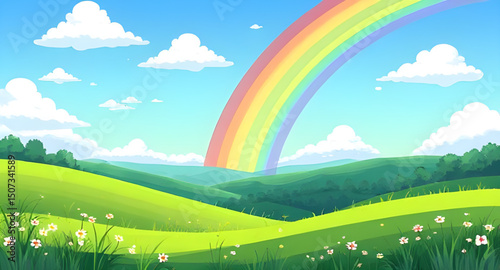 rainbow over meadow, rainbow in mountains, cartoon rainbow scene, colorful rainbow art, rainbow sky illustration, rainbow hills cartoon, rainbow valley background, meadow with rainbow, rainbow and clo