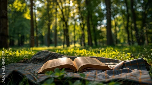 Open book with sunlit park, and reading.