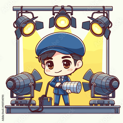 Chibi stage lighting technician adjusting spotlights, colorful vector art