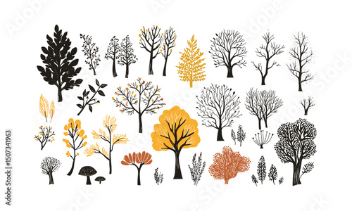 Forest silhouette, hand-drawn woodland vector illustration, seasonal nature, wild tree, hazel tree clipart, autumn forest, tree outline, nature background, eco-friendly art.