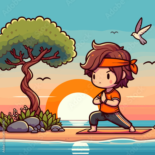 Chibi yoga instructor on beach, colored vector art