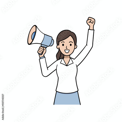 Cartoon Illustration: Cheering Woman with Megaphone and Raised Fist for Advocacy or Marketing Announcement, Isolated                                  
