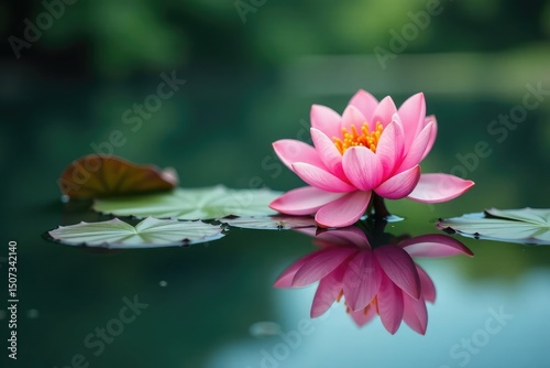 Intricate floral design reflected on calm lake surface, serene, pattern design, artwork