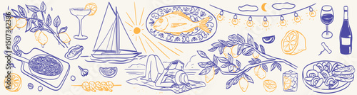 Italian Amalfi summer vacation doodle style illustrations. Vector ink hand drawn Italy coast sea, lemons, wine and food elements. Sea weekend rest drawing for poster, event placard, menu and prints.