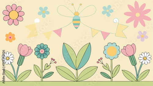 Cheerful Cartoon Flower Garden with Bee and Bunting against a Cream Background                                                                        