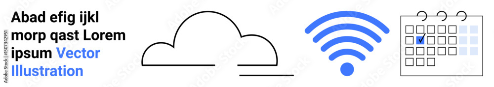 Cloud outline, wireless signal icon, and calendar with marked date. Ideal for connectivity, scheduling, productivity, cloud computing, wireless communication, digital tools simple landing page Cloud outline, wireless signal icon, and calendar with marked date. Ideal for connectivity, scheduling, productivity, cloud computing, wireless communication, digital tools simple landing page