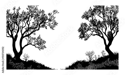 Mediterranean Spring Scene, Hazel Tree Woodland, forest silhouette, wild tree, botanical element, engraving style, nature clipart, vector illustration, outdoor scenery, ecological art.