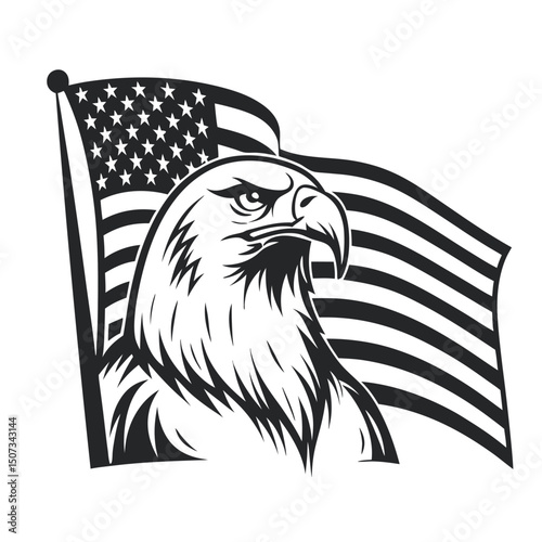 Black and White Vector Illustration: Bald Eagle Head in front of American Flag Graphic, Symbol of Patriotism and National Pride.                      