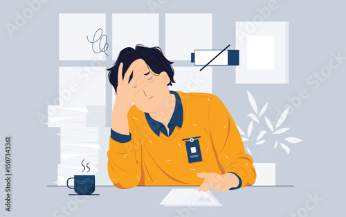 Frustrated tired male employee after work touching his head, feeling absolutely stress and exhausted because of overwork, Deadline, Tiredness concept illustration
