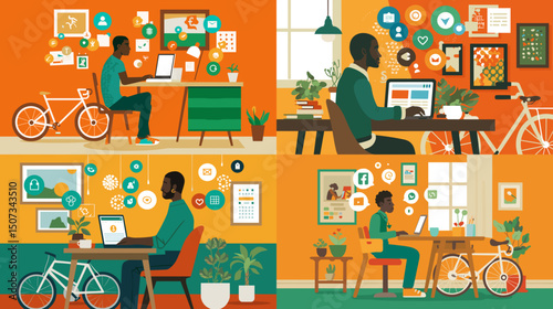Remote Work Lifestyle: Four illustrations depicting a person working remotely from home, showcasing different home office setups with bicycles, plants, and laptop computers.