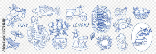 Italian doodle food. Summer seafood, lemon and wine. Amalfi coast beach sketch with cocktail,  sardines, sea beach, scooter, chaise lounge. Hand drawn vintage vector illustration of coastal Italy.
