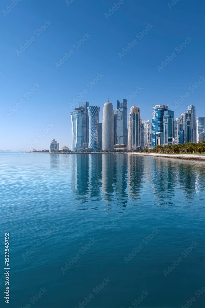 Fototapeta premium Cityscape vista with towering buildings reflected in blue water under a clear sky