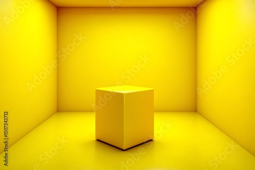 Monochrome Yellow Cuboid in a Room with Reflective Floor and Walls