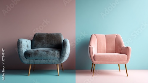 Elegant Teal and Pink Velvet Armchairs against Pastel Walls: Modern Interior Design
