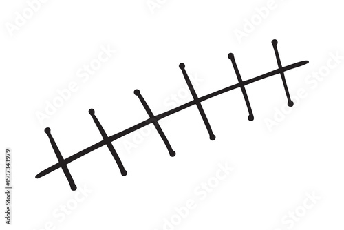 Rough seam, scar, cut, patch doodle hand drawn line Halloween element. Simple black line vector drawing