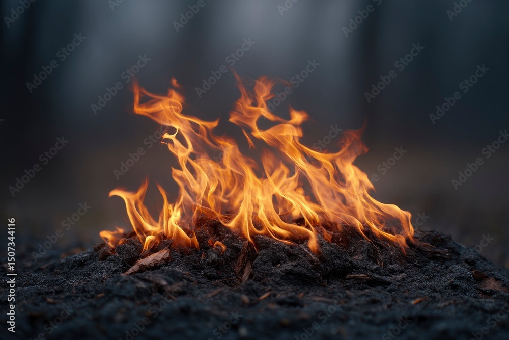Fire burns atop a mound of dark charred organic matter Fire burns atop a mound of dark charred organic matter