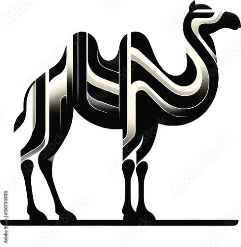 Monochromatic Camel Illustration Featuring Bold Lines and Unique Abstract Design