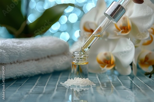 A close-up of an elegant pipette releasing a drop of rice serum in a serene spa setting. Surrounded by soft orchids and clean textures, the scene evokes purity, skincare, and natural beauty rituals.