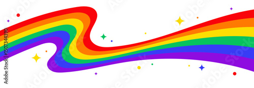 Curved Flowing Rainbow Pride Flag with Wave Motion and Sparkling Colorful Shapes for Pride Month Celebration Background in Vector Illustration