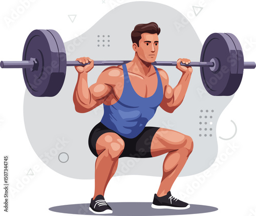 Muscular man performing heavy barbell squat exercise for strength training and fitness workout vector illustration 