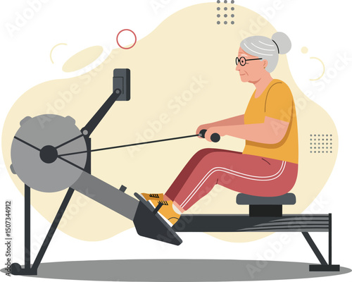 Senior woman exercising on rowing machine indoor fitness activity health lifestyle vector illustration 