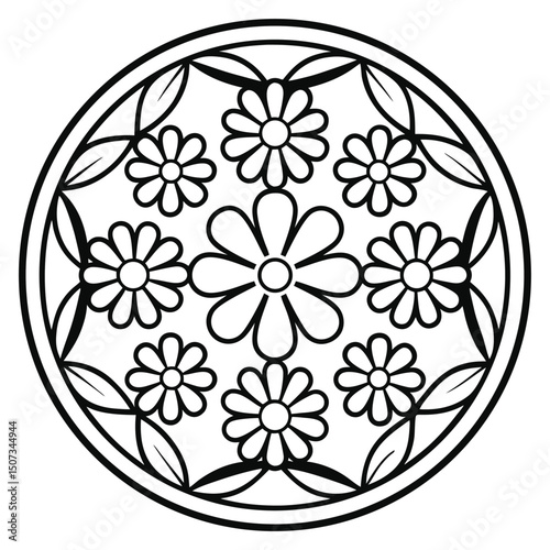 Floral Mandala Design with Simple Outlines, Featuring Chamomile Flowers and Leaves in a Circular Ornament, Ideal for Coloring Pages                   